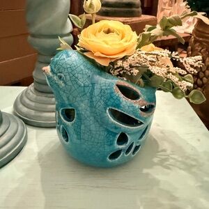 Blue Ceramic Bird Vase with Yellow Flowers
